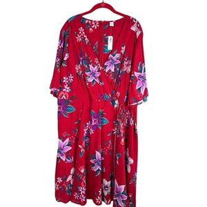 Old Navy Dress 2X Red Floral Midi Boho Western Tropical Feminine Retro 80s Flowy